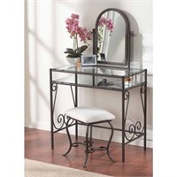 Angelica Glass Top Metal Vanity Table and Stool