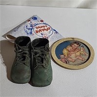 Bronzed baby shoes, plaque and Birthday hat