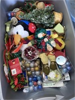 Large tote of Christmas ornaments and more