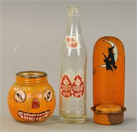 TIN LANTERN, GLASS CANDY CONTAINER & BOTTLE