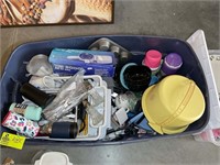 LARGE TOTE WITH SILVERWARE, SERVING UTENSILS, BOWL