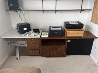 Computer desk, cabinets, printers & supplies