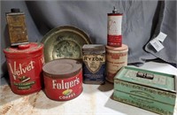 Advertising tins, brass bowl, vintage storage tin