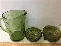 Glass pitcher, bread crock & kitchen items