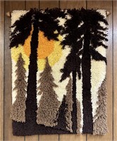 Vintage MCM Rug Art Wall Hanging Sunset Tree