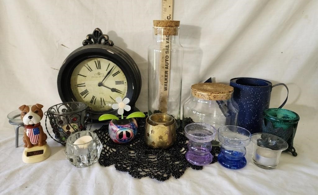 Clock, Candle Holders, Clear Glass Containers