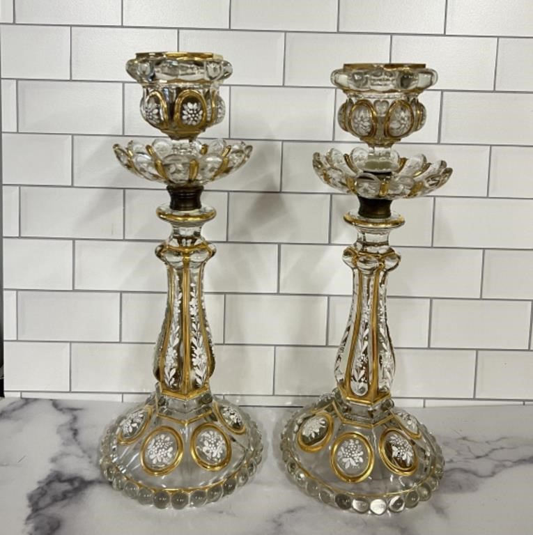 Baccarat Crystal Hand Enameled Candlestick Holders