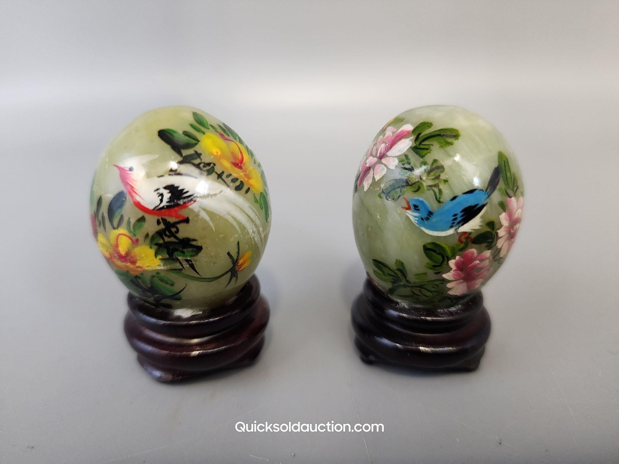 2- Jade Intricate Hand Painted Bird Scene Eggs & S