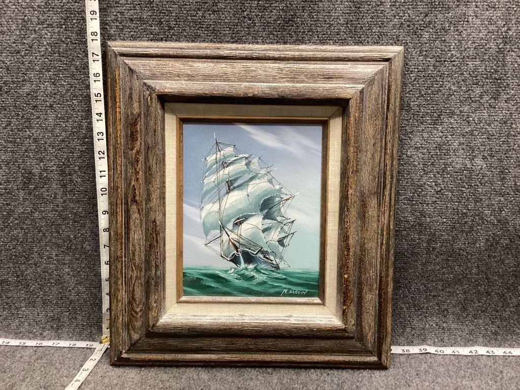 Framed Painting of Ship on Canvas