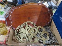 COLL OF WOOD SERVING TRAY AND GLASS TRIVETS