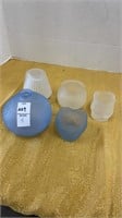 Frosted glass lot, blue Avon vase and other clear
