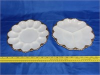 Gold Rim Milk Glass Egg Plate & Divided Dish