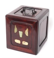 Chinese Heavy Hardwood Jewelry Box, Jade & Stone A