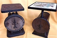 PAIR OF ANTIQUE FOOD SCALES 1 WITH SQUARE TILE TOP