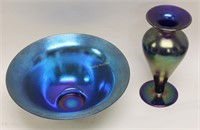 (2)pcs Antique Art Glass Iridescent Bowl & Vase