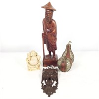 Lot of  Wood Carved Wise Man, Wood Fruit, Buddha