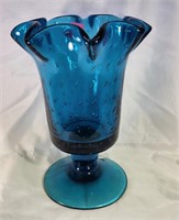 Vnt. blue ruffled vase glass art