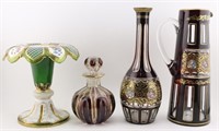 4 pcs of Bohemian Glass; Vase, Pitcher, Decanter