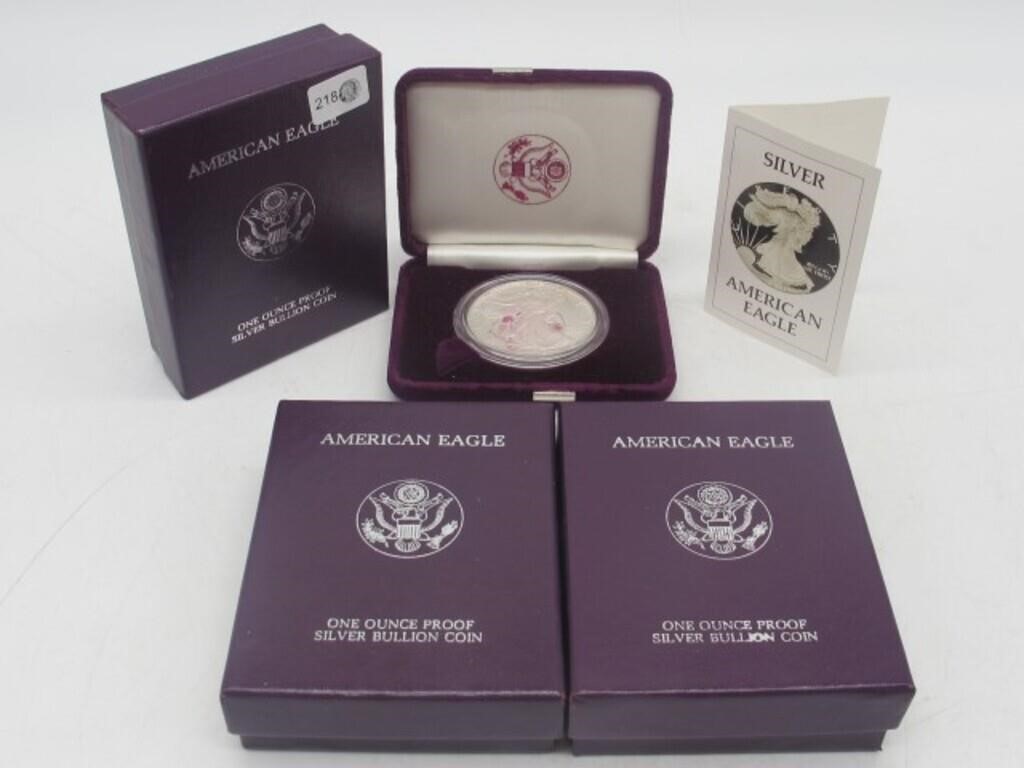 LOT OF 3 PROOF 1986 AMERICAN EAGLES IN BOX W/ COA