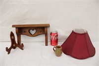 Small Pottery Pitcher w/ Wooden Shelf & Items