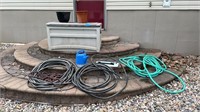 Yard storage box 46”x23.5”x24”, hoses, nozzles,