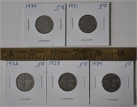 1930 thru 1934 Canada 5 cent coins