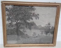 Signed Rural Scenery Charcoal Painting 24.5x20.5"