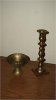 Pair of Brass Items Candlestick and Dish
