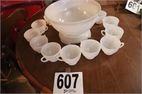 (12) Piece Vintage Milk Glass Punch Bowl, Stand &
