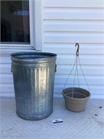 Metal trashcan, and flower pot