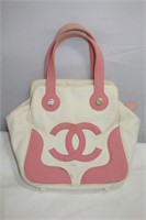 CHANEL WHITE AND PINK LADIES HAND BAG CANVAS