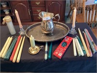 Silver plated tray & pitcher and group of candles