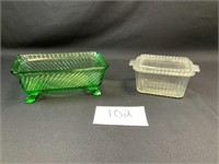 Unmarked Green Glass & Unmarked Clear Dish w/ Lid