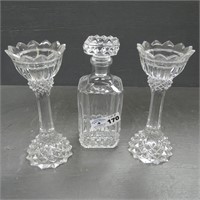 Crystal Decanter Bottle & Candlesticks
