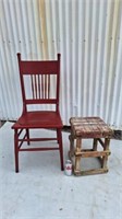 Red painted vintage chair and rustic side table