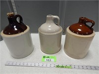 3 Stoneware jugs; 1 has a few coins inside