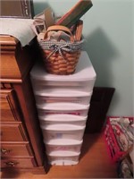 Plastic organizer cabinet w/contents, basket.