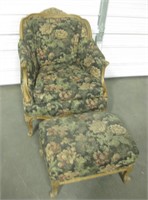 Floral Upholstered Vintage Wood Chair w/ Ottoman