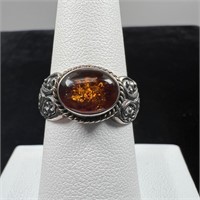 Amber & Sterling Silver Ring - Size 7