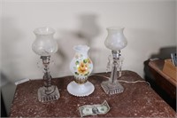 3 Vintage Dresser Lamps. Hurricane Milk Glass