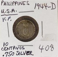 1944D Philippines 10 Centavos VF-0.750 Silver