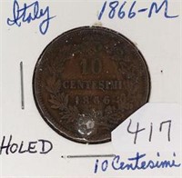1866 M Italy 10 Centesimi VF Holed