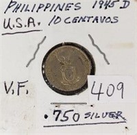 1945D  Philippines 10 Centavos VF-0.750 Silver
