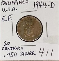 1944D  Philippines 20 Centavos EF-0.750 Silver