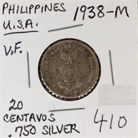 1938M  Philippines 20 Centavos VF-0.750 Silver