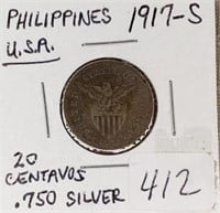 1917S  Philippines 20 Centavos VF-0.750 Silver