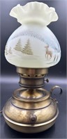 Fenton Hp Winter Deer On Custard Colonial Lamp By