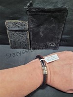 Leather Bracelet & Wallet Set BLK & BRN