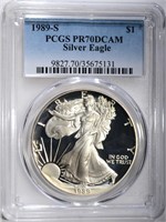 1989-S AMERICAN SILVER EAGLE, PCGS PR-70 DCAM