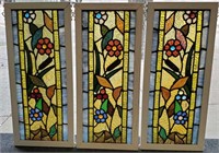 3 antique stained glass windows with jewels -